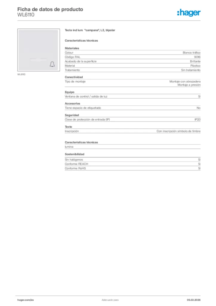 Imagen Hager Ficha de datos de producto WL6110 | Hager España