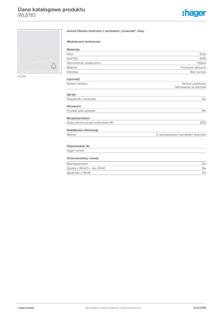 Zdjęcie Hager Karta katalogowa WL6110 | Hager Polska