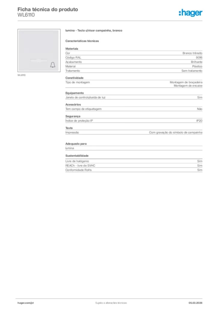 Imagem Hager Ficha técnica do produto WL6110 | Hager Portugal