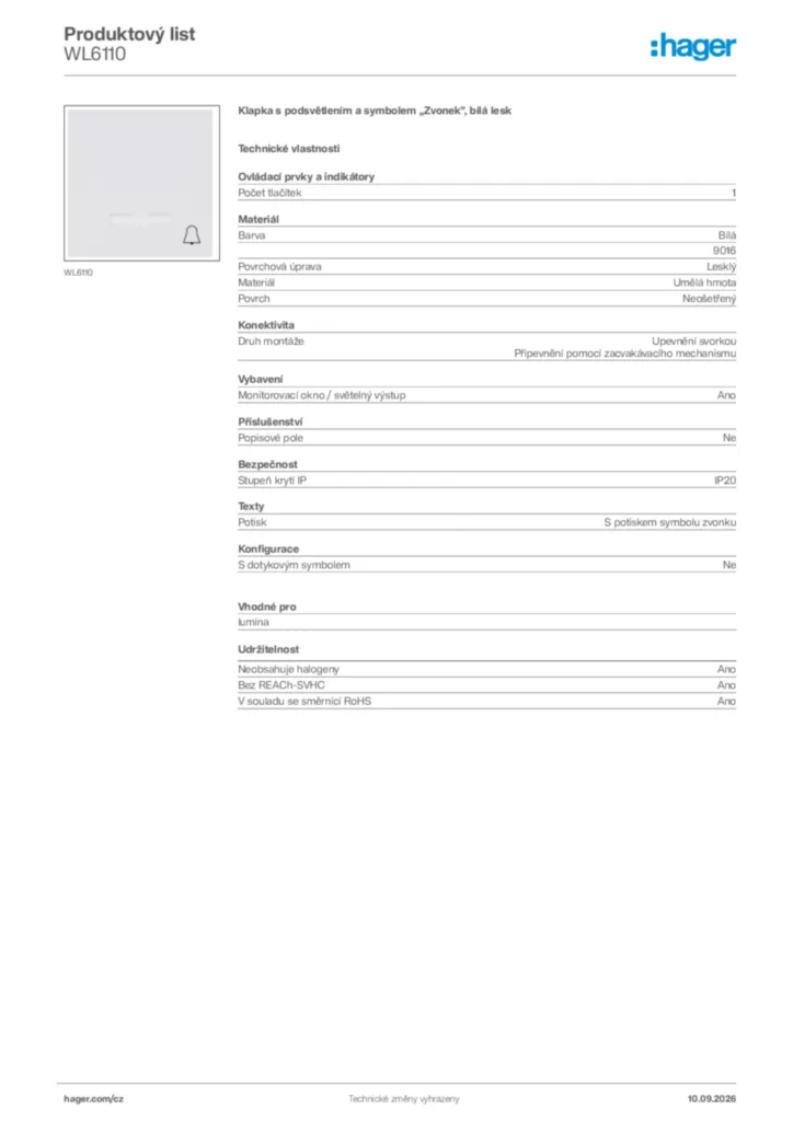 Obrázek Hager Generováno - Datový list produktu WL6110 | Hager