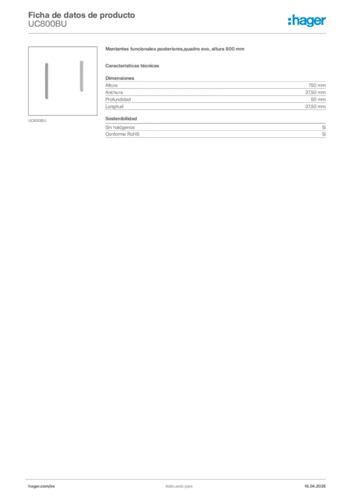 Imagen Hager Ficha de datos de producto UC800BU | Hager España