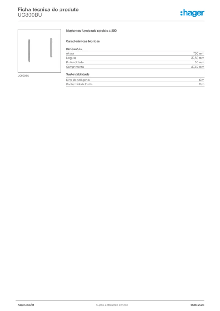Imagem Hager Ficha técnica do produto UC800BU | Hager Portugal
