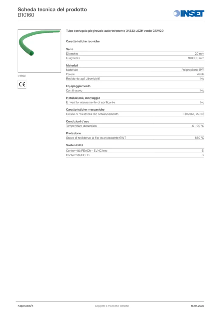 Immagine Inset Scheda tecnica del prodotto B10160 | Hager Italia