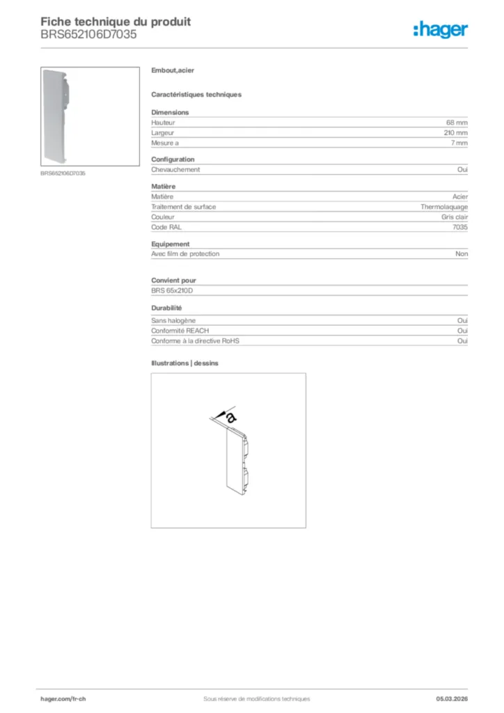 Image Hager Fiche technique du produit BRS652106D7035 | Hager Suisse