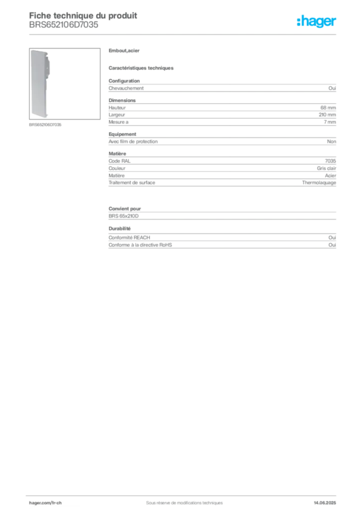 Image Hager Fiche technique du produit BRS652106D7035 | Hager Suisse