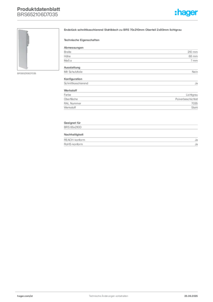 Bild Hager Produktdatenblatt BRS652106D7035 | Hager Deutschland