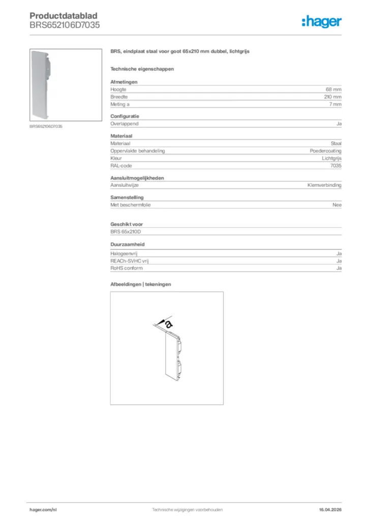 Afbeelding Hager Productdatablad BRS652106D7035 | Hager Nederland