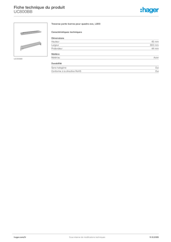 Image Hager Fiche technique du produit UC800BB | Hager France