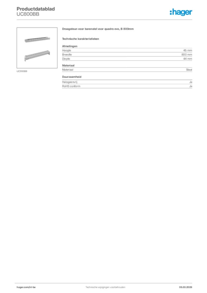 Afbeelding Hager Productdatablad UC800BB | Hager Belgium