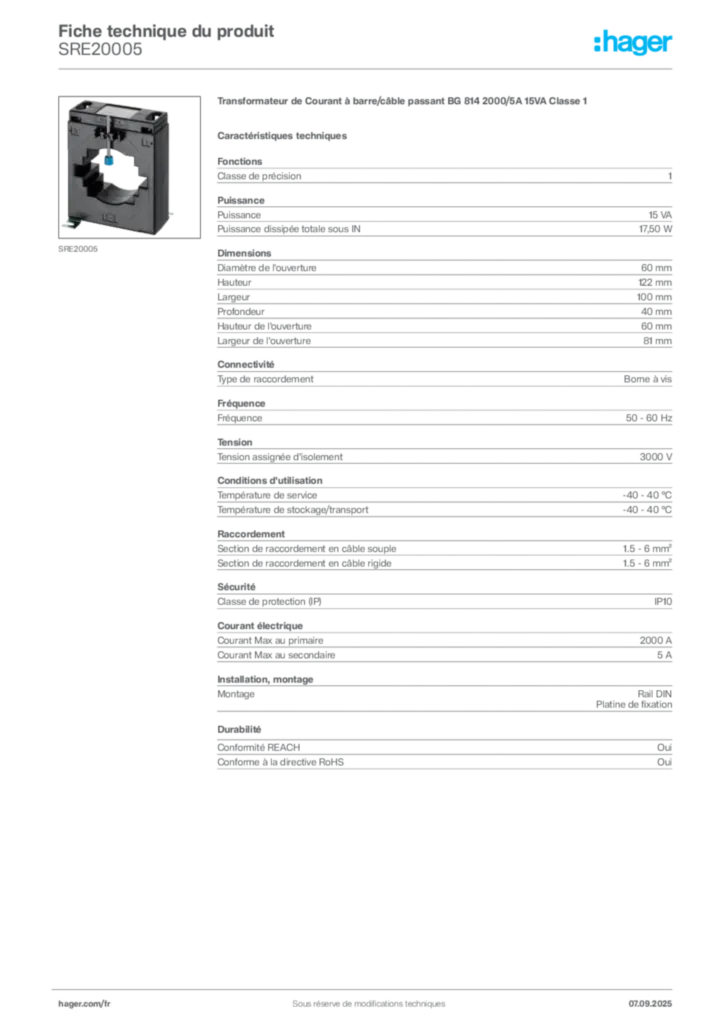 Image Hager Fiche technique du produit SRE20005 | Hager France
