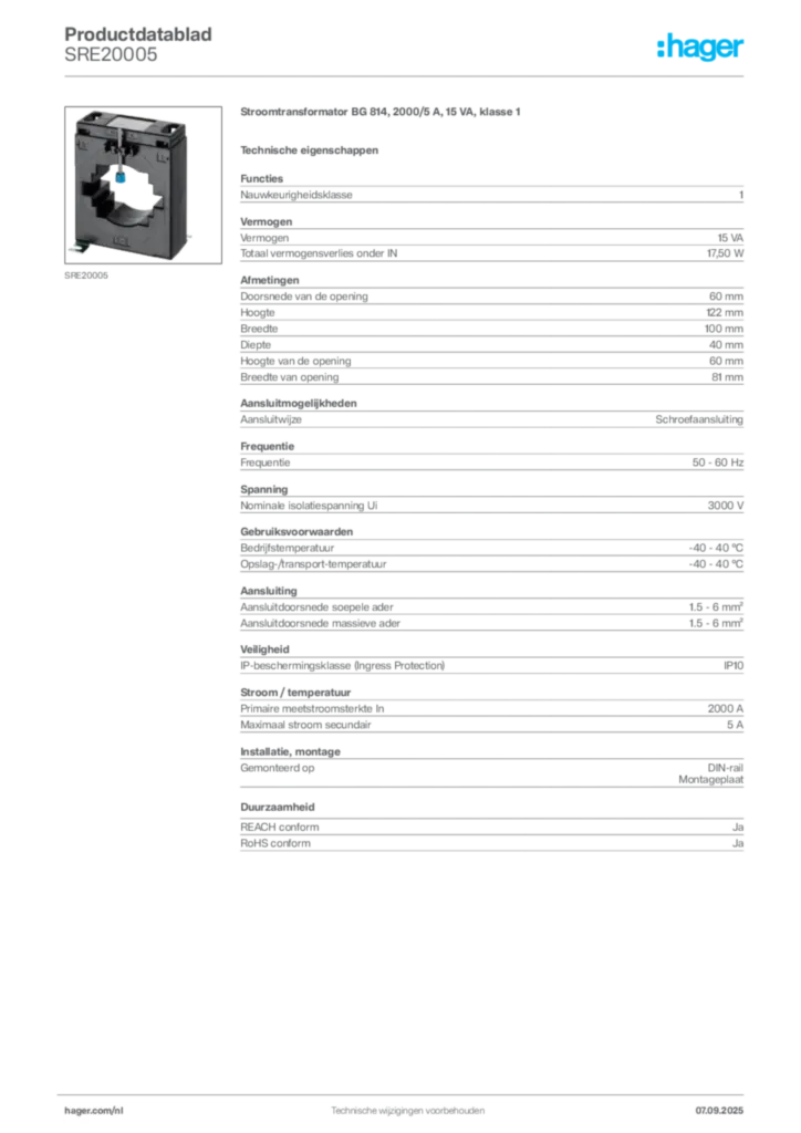 Afbeelding Hager Productdatablad SRE20005 | Hager Nederland