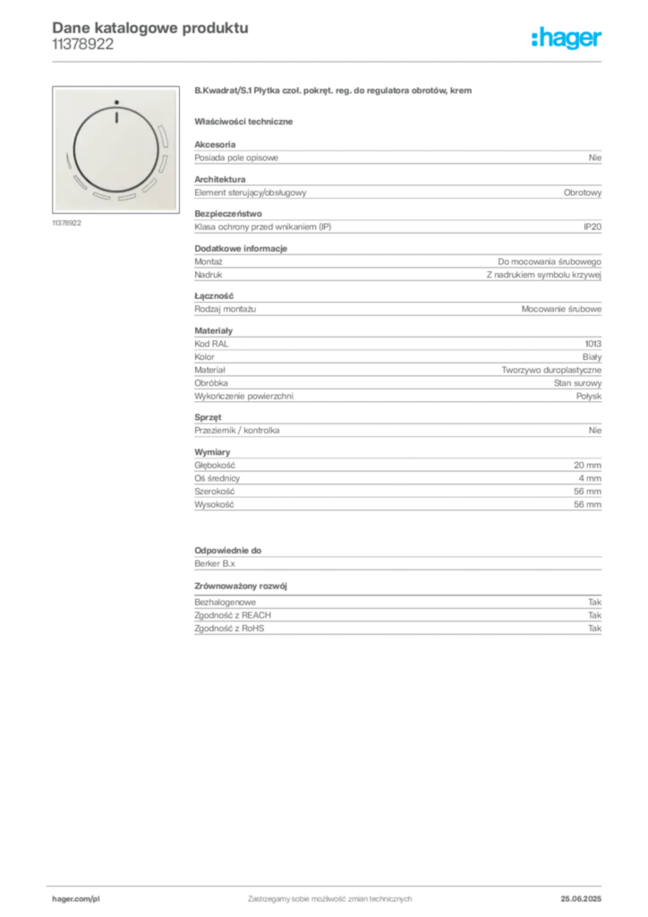 Zdjęcie Hager Karta katalogowa 11378922 | Hager Polska