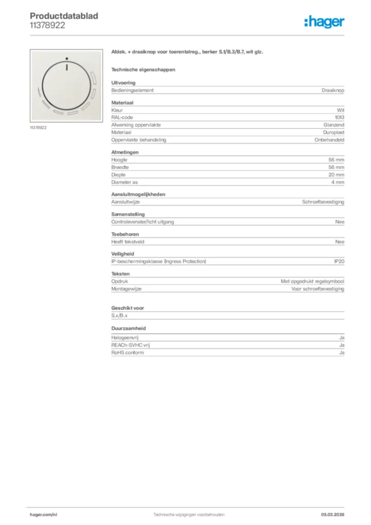 Afbeelding Hager Productdatablad 11378922 | Hager Nederland