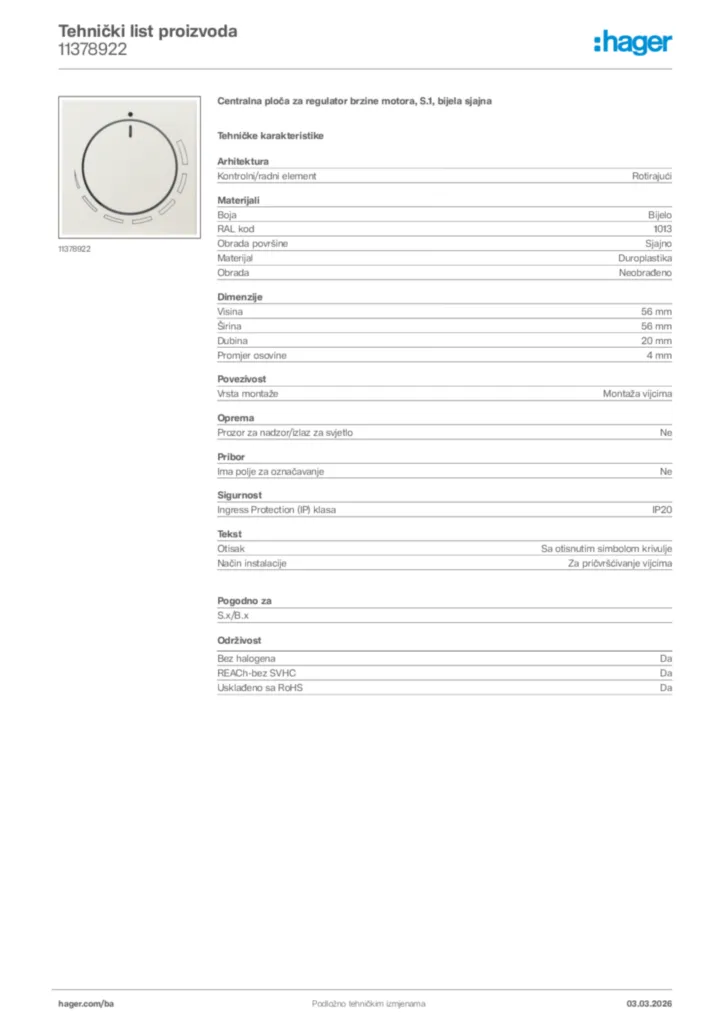 Slika Hager Tehnički list proizvoda 11378922  | Hager