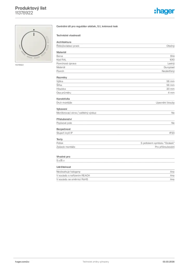 Obrázek Hager Product data sheet 11378922 | Hager