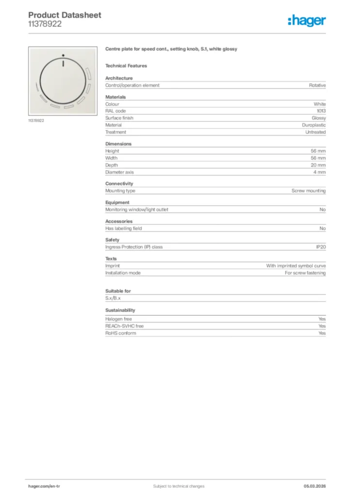 Image Hager Product data sheet 11378922  | Hager