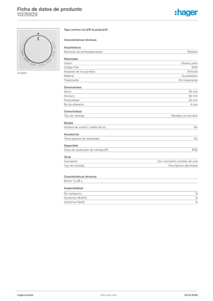 Imagen Hager Ficha de datos de producto 11378929 | Hager España