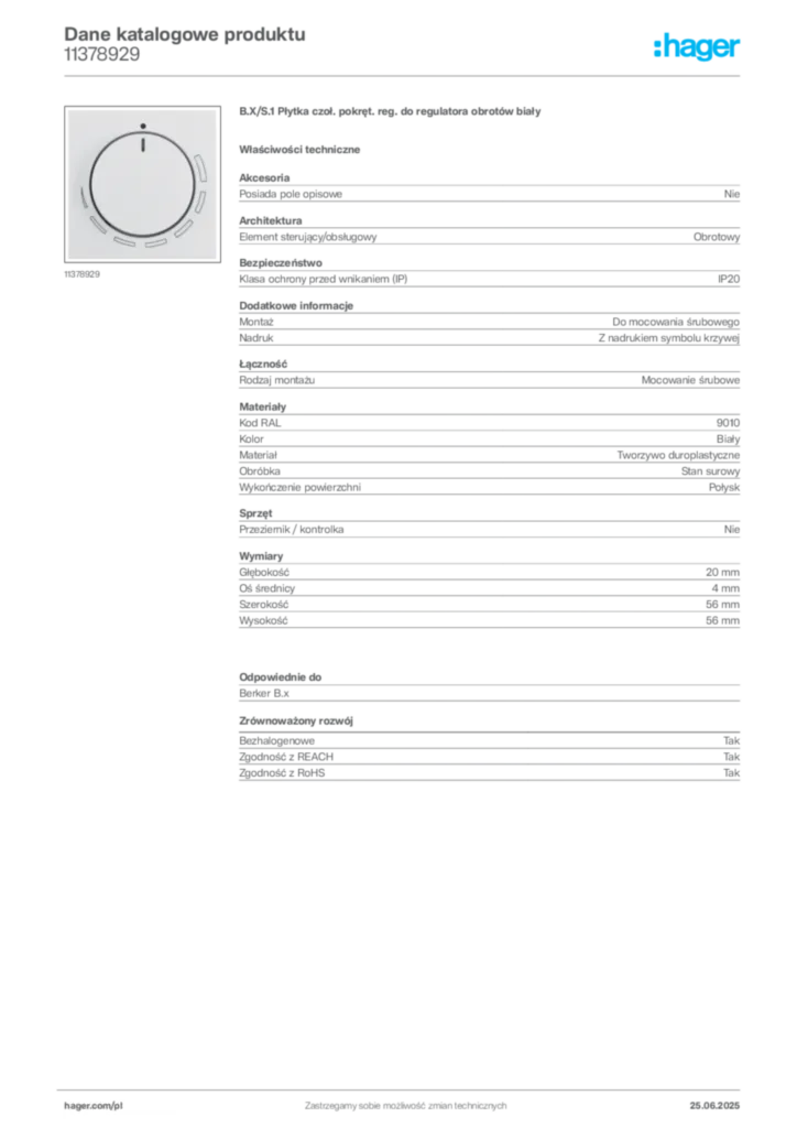 Zdjęcie Hager Karta katalogowa 11378929 | Hager Polska