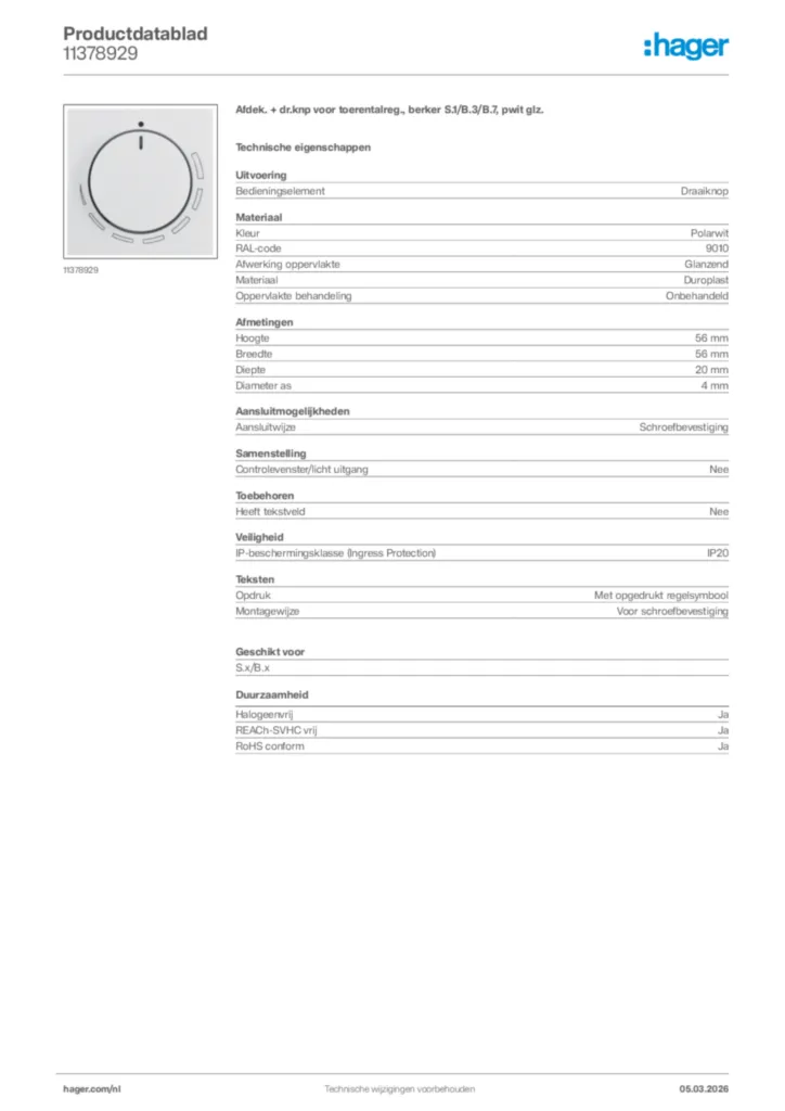 Afbeelding Hager Productdatablad 11378929 | Hager Nederland