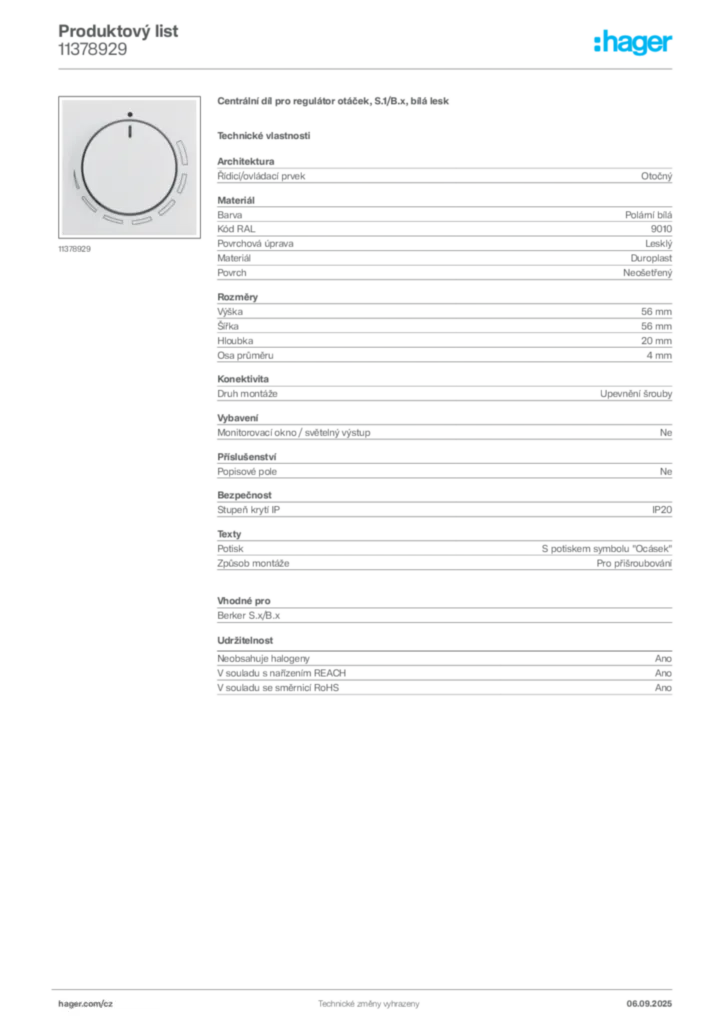 Obrázek Hager Produktový list 11378929 | Hager