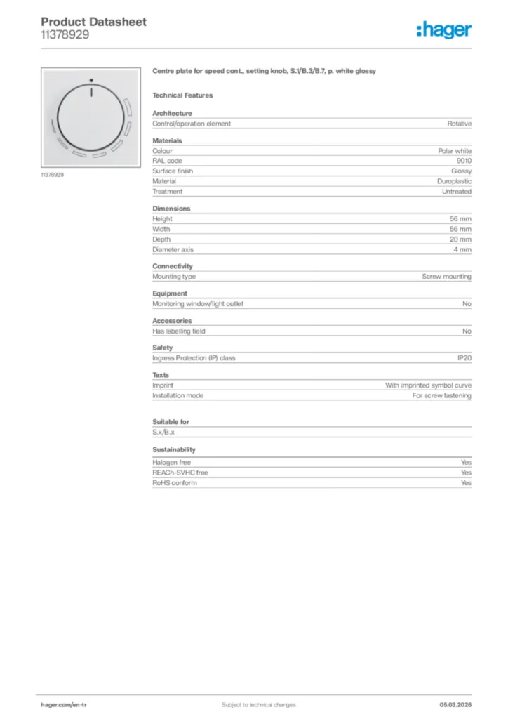 Image Hager Product data sheet 11378929  | Hager