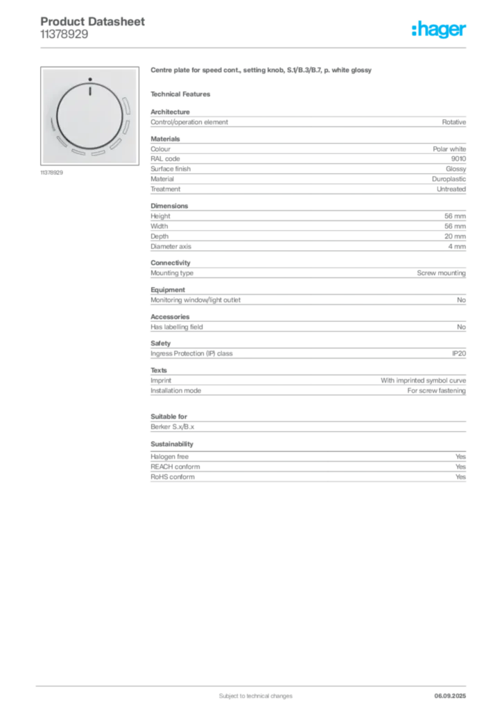 Image Hager Product data sheet 11378929  | Hager