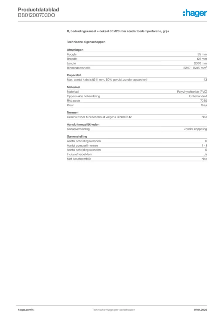 Afbeelding Hager Productdatablad B8012007030O | Hager Nederland