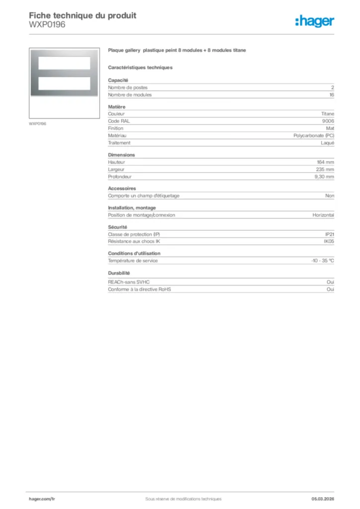 Image Hager Fiche technique du produit WXP0196 | Hager France