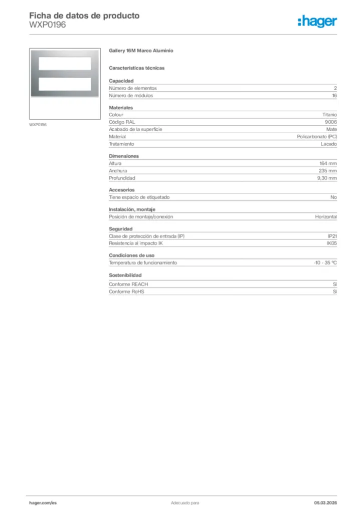 Imagen Hager Ficha de datos de producto WXP0196 | Hager España