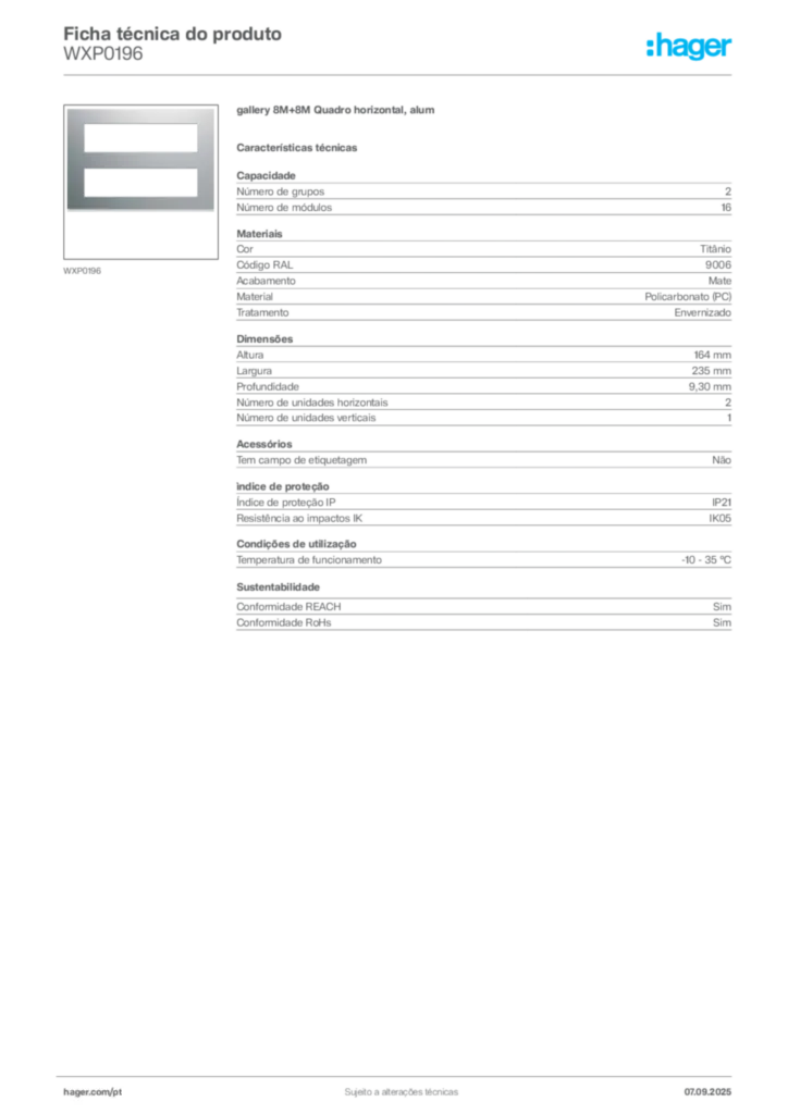 Imagem Hager Ficha técnica do produto WXP0196 | Hager Portugal