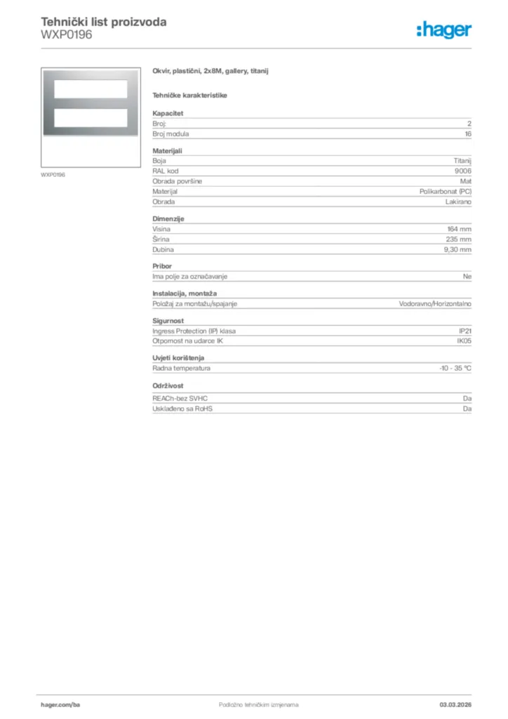 Slika Hager Tehnički list proizvoda WXP0196  | Hager