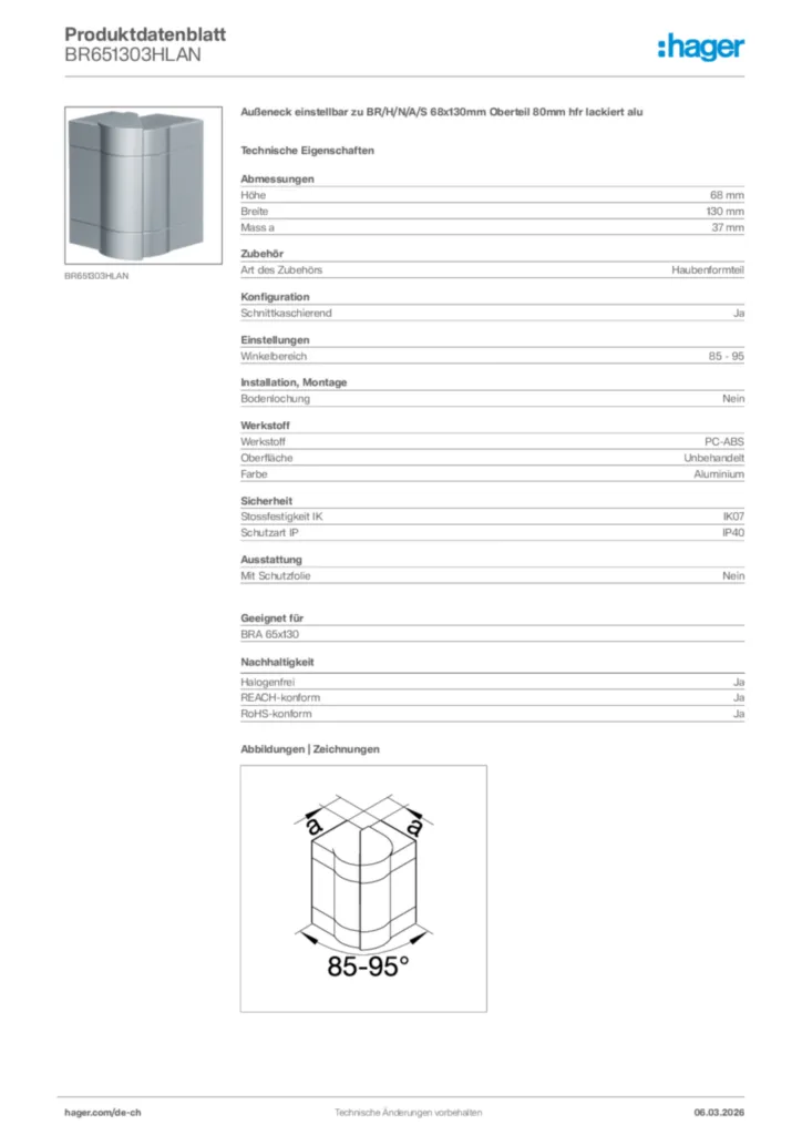 Bild Hager Produktdatenblatt BR651303HLAN | Hager Schweiz