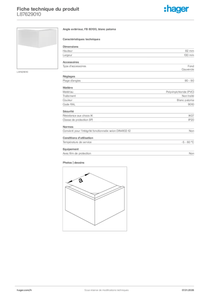 Image Hager Fiche technique du produit L87629010 | Hager France