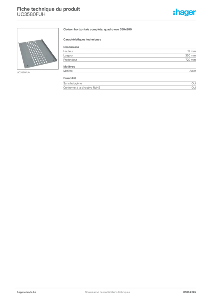 Image Hager Fiche technique du produit UC3580FUH | Hager Belgique