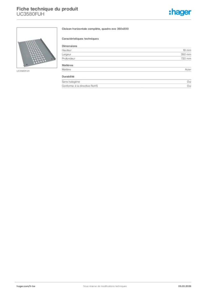 Image Hager Fiche technique du produit UC3580FUH | Hager Belgique