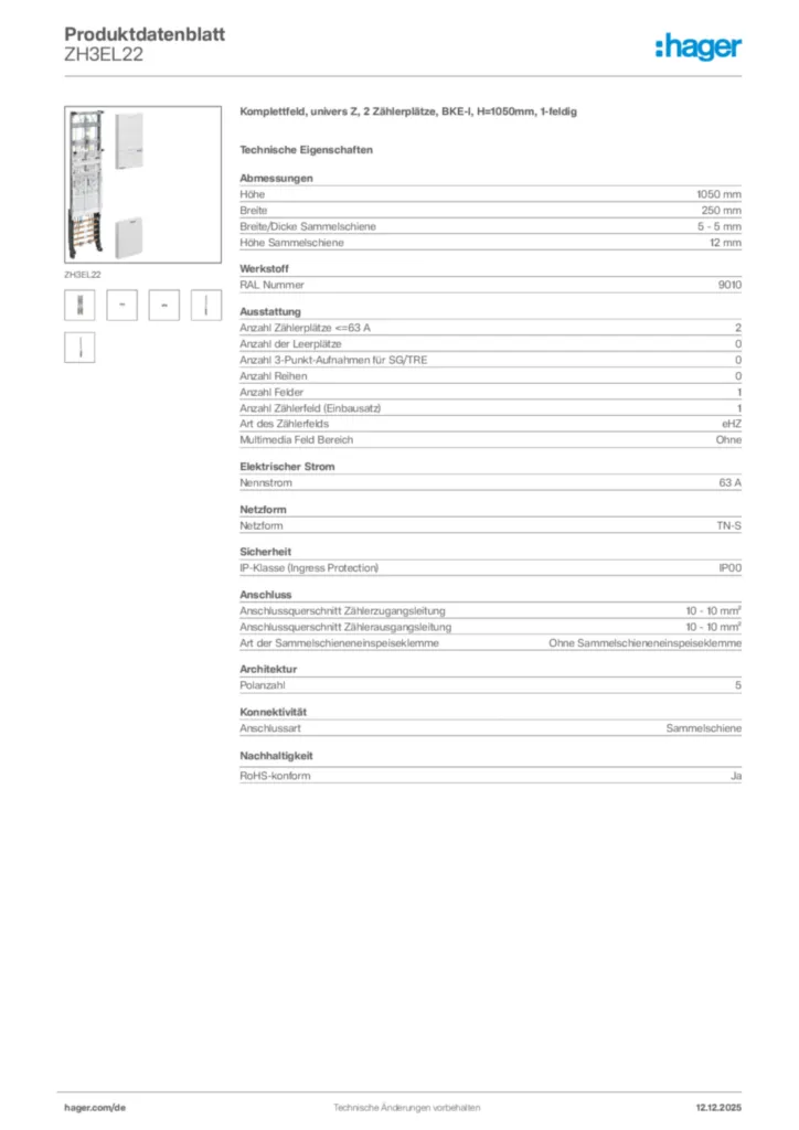Bild Hager Produktdatenblatt ZH3EL22 | Hager Deutschland