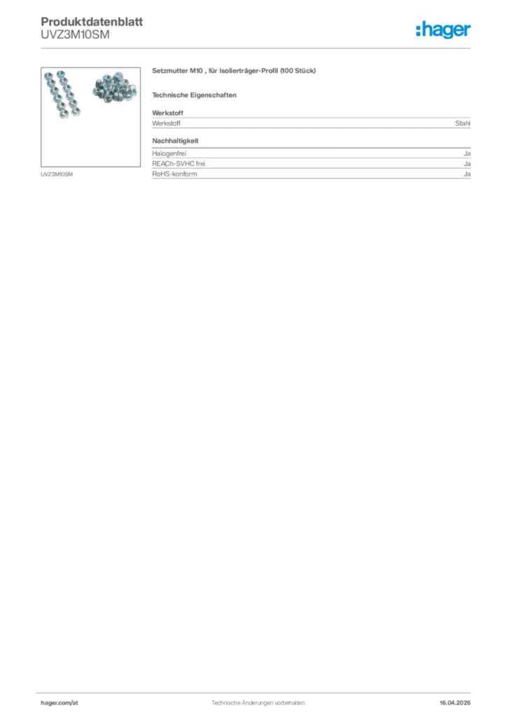 Bild Hager Produktdatenblatt UVZ3M10SM | Hager Deutschland