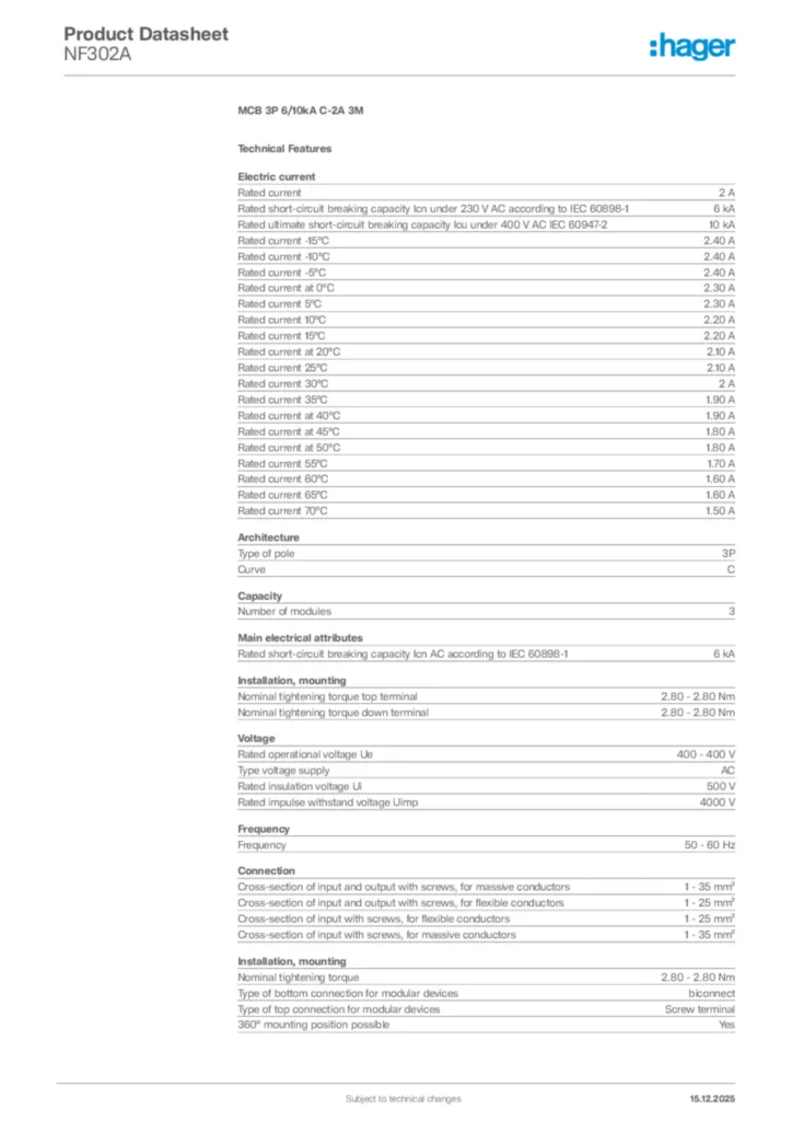 Image Hager Product data sheet NF302A  | Hager Africa