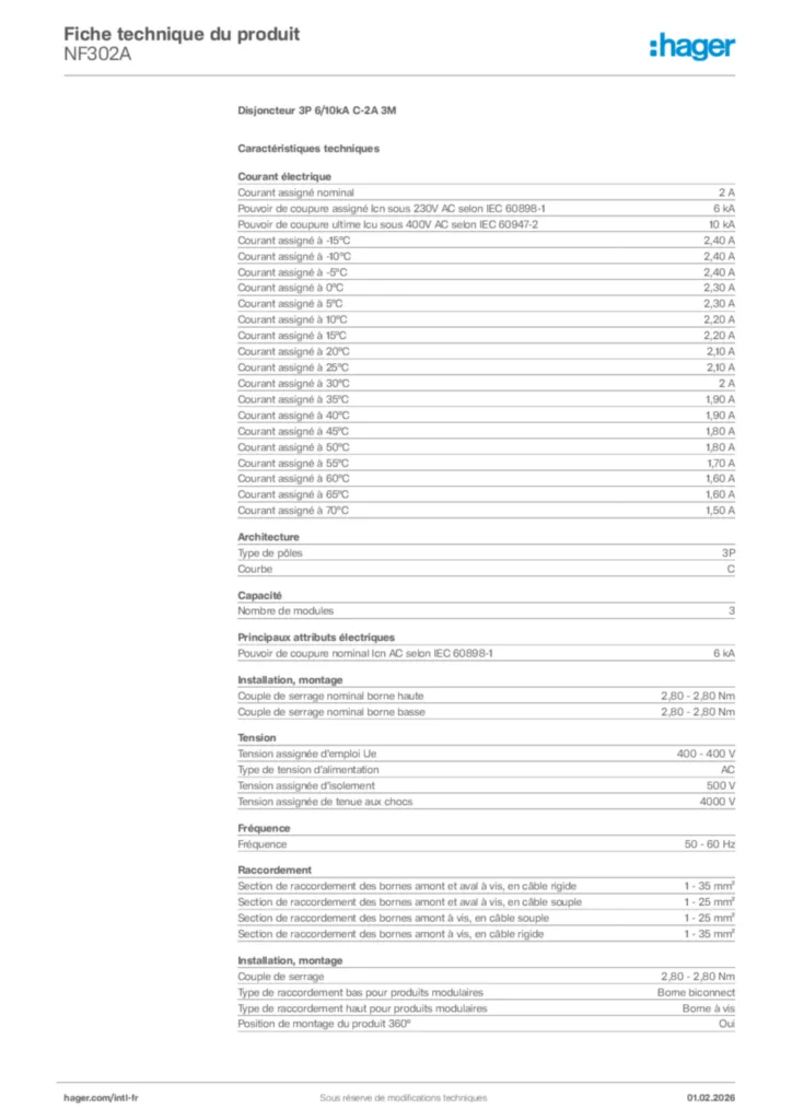 Image Hager Fiche technique du produit NF302A | Hager Afrique