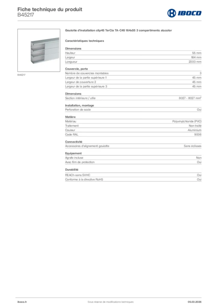 Image Iboco Fiche technique du produit B45217 | Hager France