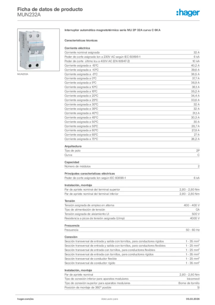 Imagen Hager Ficha de datos de producto MUN232A | Hager España