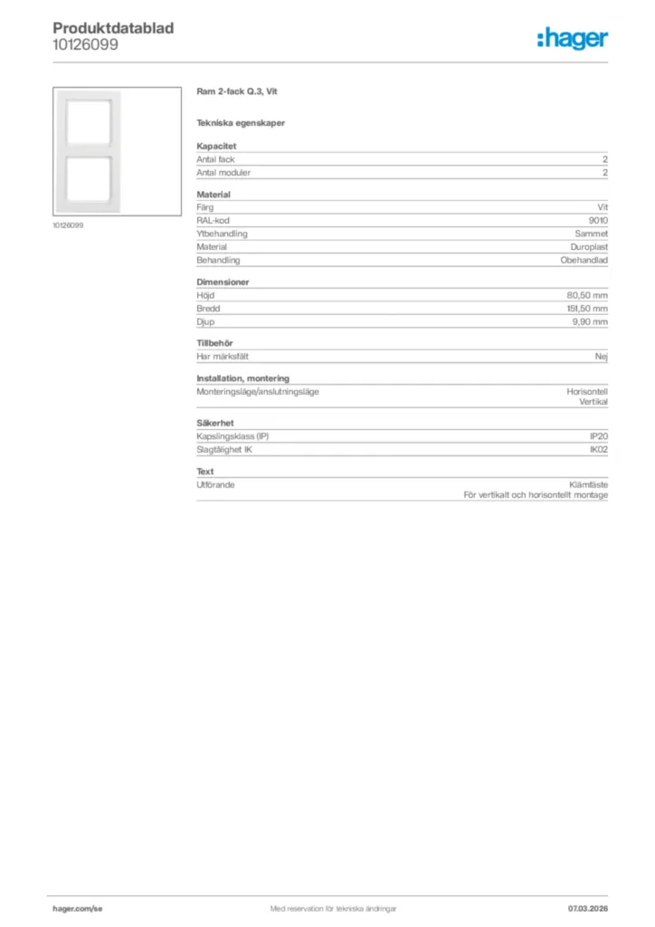 Bild Hager Produktdatablad 10126099 | Hager Sverige