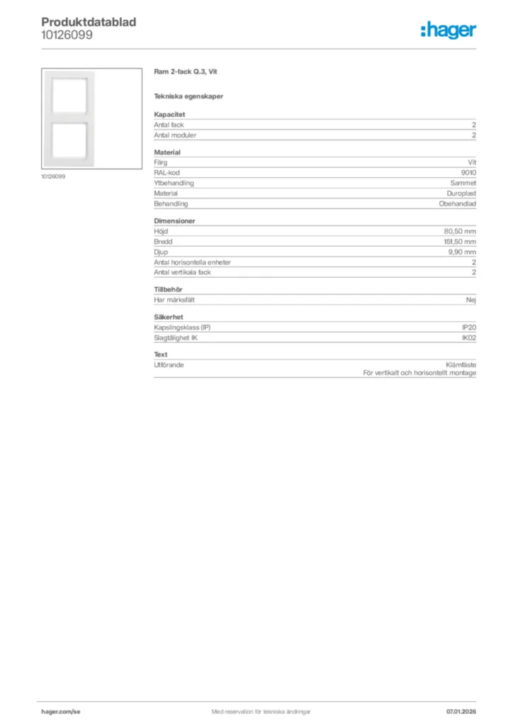 Bild Hager Produktdatablad 10126099 | Hager Sverige
