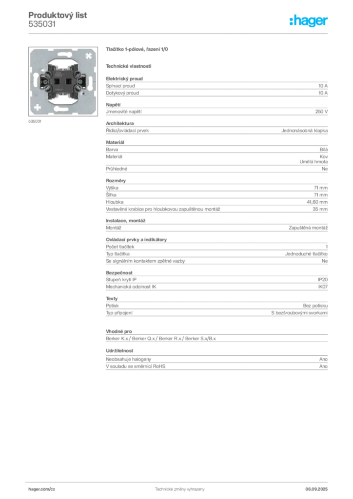Obrázek Hager Produktový list 535031 | Hager
