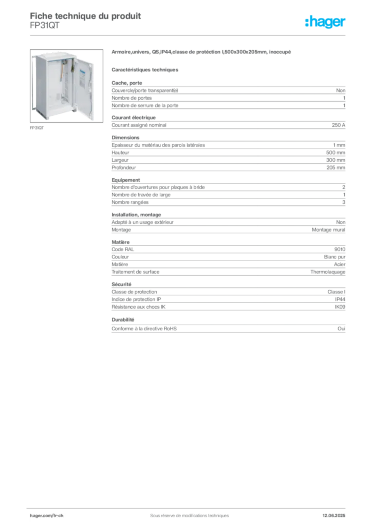 Image Hager Fiche technique du produit FP31QT | Hager Suisse