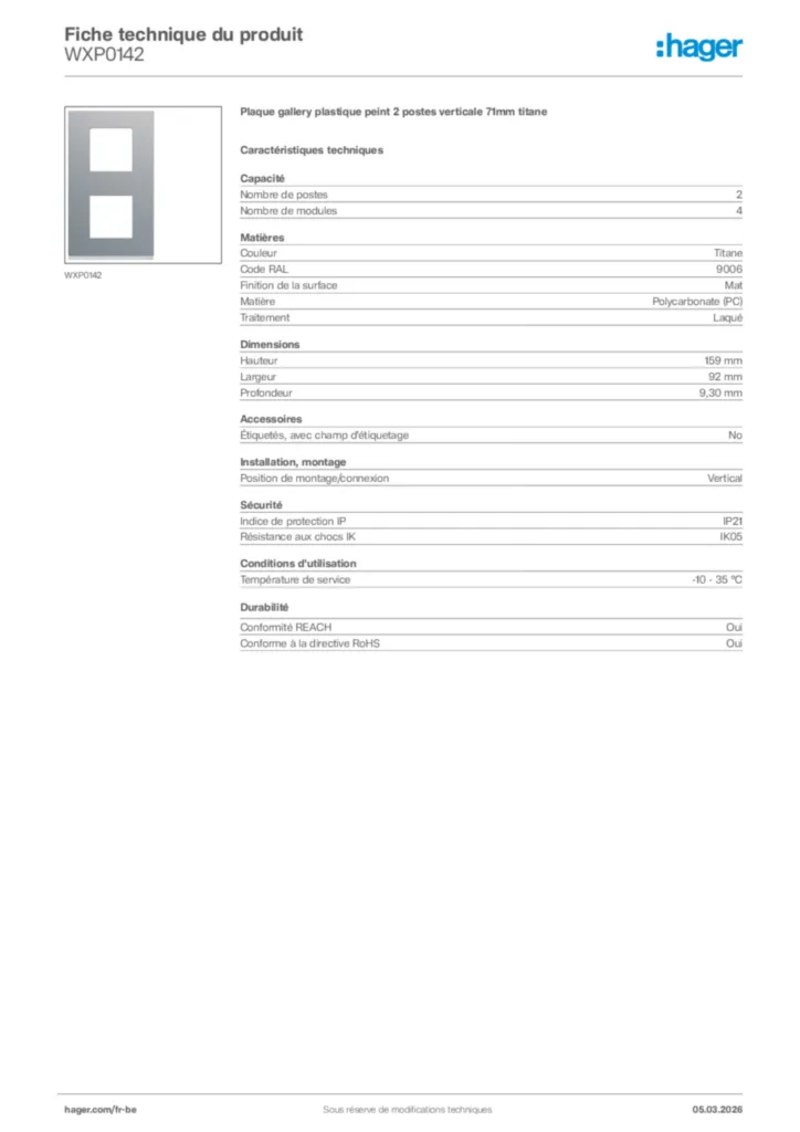 Image Hager Fiche technique du produit WXP0142 | Hager Belgique