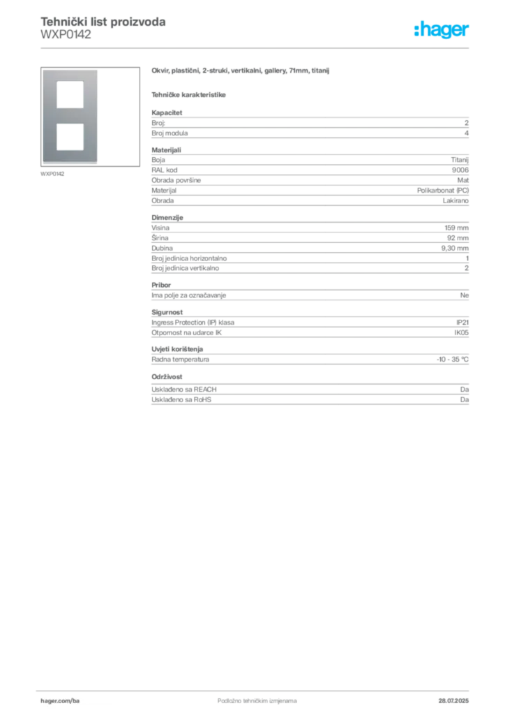 Slika Hager Product data sheet WXP0142  | Hager