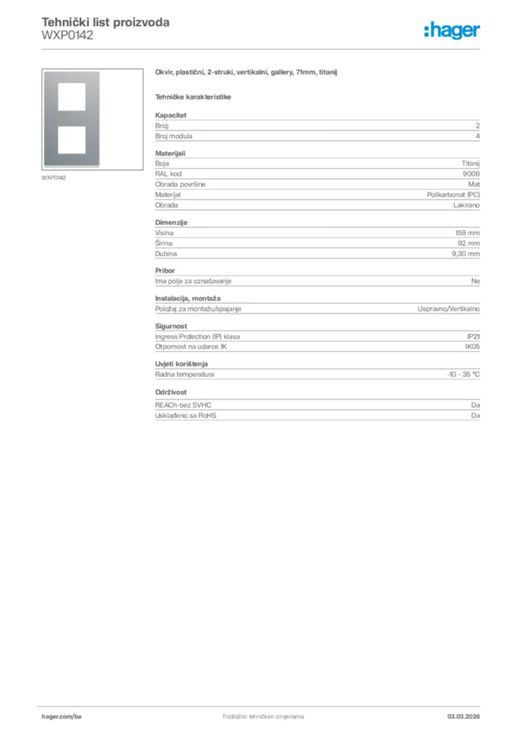Slika Hager Tehnički list proizvoda WXP0142  | Hager