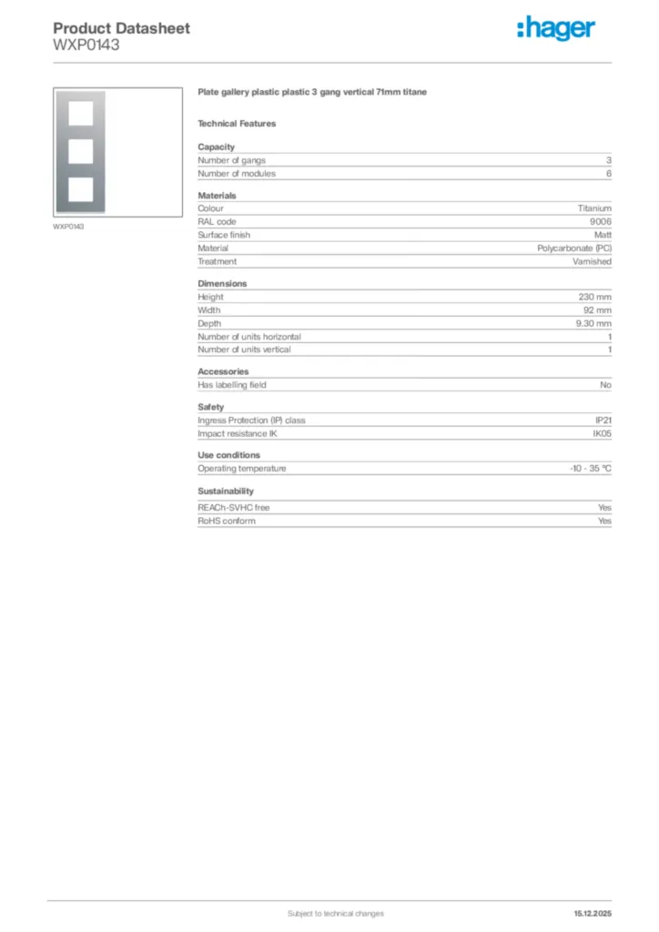Image Hager Product data sheet WXP0143  | Hager Africa