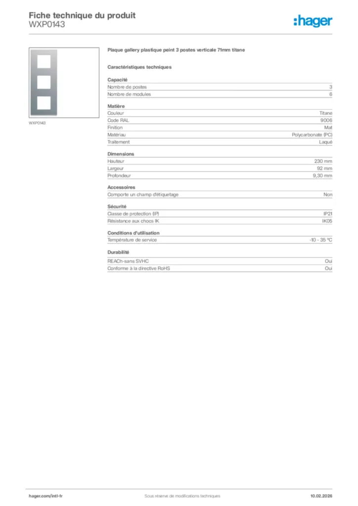 Image Hager Fiche technique du produit WXP0143 | Hager Afrique
